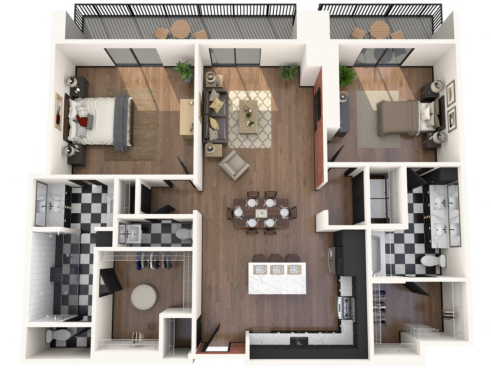 Floor plan for 2 beds, 3 baths, 1567 sqft